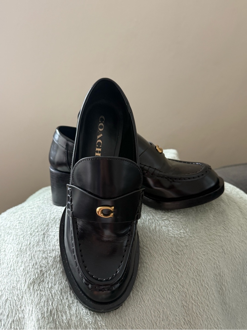 Coach Black Leather Penny Loafers with Gold Hardware - Picture 2 of 9